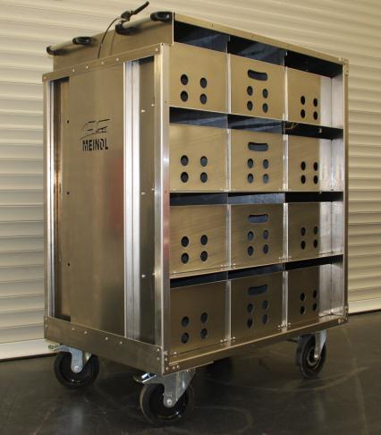 5.2) 1 Stück MEINDL- Rollcontainer ROCO Atemschutz 12 (Nr. 14051) für 12 Stück Einflaschen- Atemschutzgeräte. Alu- Verbundbauweise, 2 Bock, 2 Lenkrollen, Totmann- Bremse. LxBxH = ca.