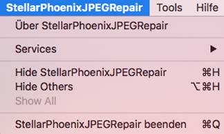 Menüs StellarPhoenixJPEGRepair Über StellarPhoenixJPEGRepair Benutzen Sie dieses Option, um sich allgemeine Informationen über die Software Stellar Phoenix JPEG Repair zusehen.