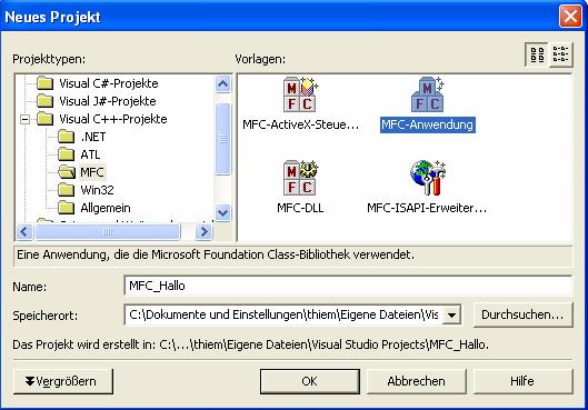 Visual C++ 1.2 Projekt MFC_Hallo anlegen Im Menü Datei klicken Sie auf Neu und dann auf die Registerkarte Projekte. Wählen Sie als Projekttyp unter Visual C++Projekte den Ordner MFC aus.