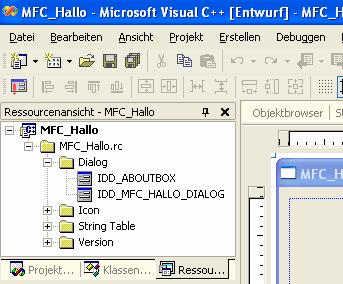 Visual C++ 1.4 Visuelle Umsetzung des Programms MFC_Hallo.exe: Das Dialogfeld Arbeitsbereich verfügt über vier Register: ClassView, ResourceView, FileView und InfoView.