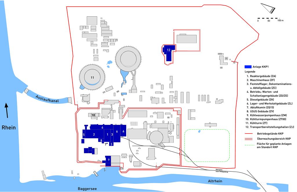 KKP 1, Stilllegungs- und 1. Abbaugenehmigung 24 Abbildung 4-2: Lageplan des Kernkraftwerks Philippsburg (entnommen aus dem Sicherheitsbericht /U 5/). 4.2.1 Gebäude innerhalb des Kontrollbereiches Von den in Abschnitt 4.