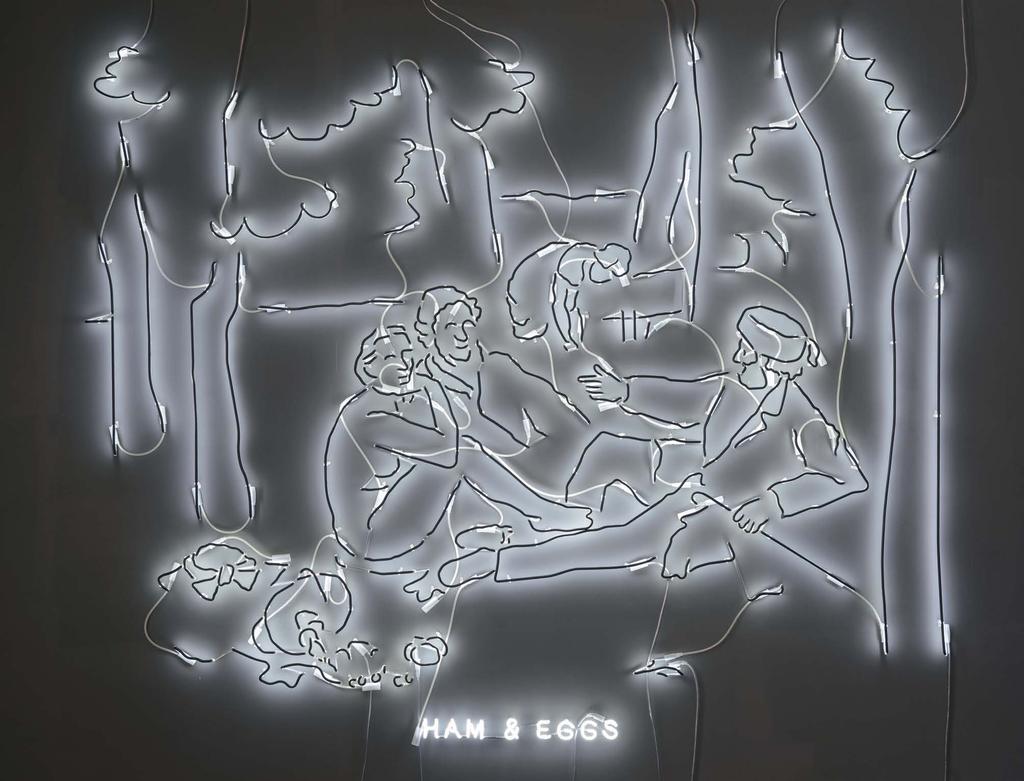 HAM & EGGS Neon, 208 264 cm, 2016 Die Arbeit,HAM & EGGS stellt in schwarz gedipptem Neon, silhouettenhaft, in Originalgröße das Motiv des damaligen