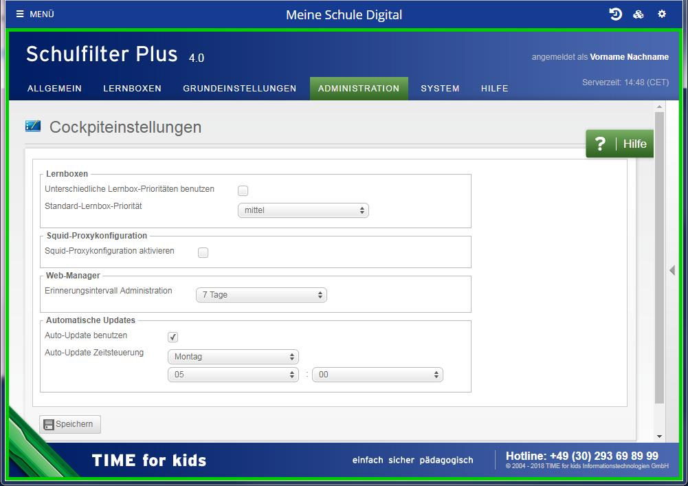 Update Zum festgelegten Updatezeitpunkt kontaktiert der Schulfilter Plus - sofern das System läuft und online ist - den Updateserver von Time for kids und fragt diesen ob eine neuere Version