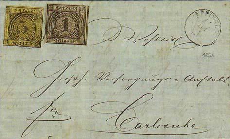 5(3) auf Brief aus Eppingen, Uhrrad 10, nach Waibstadt Absender: Aus PE Eppingen/PA Steppach Ziel: PE Waibstadt Marke : Mi. Nr. 5(3) Datum: 1860.09.20.