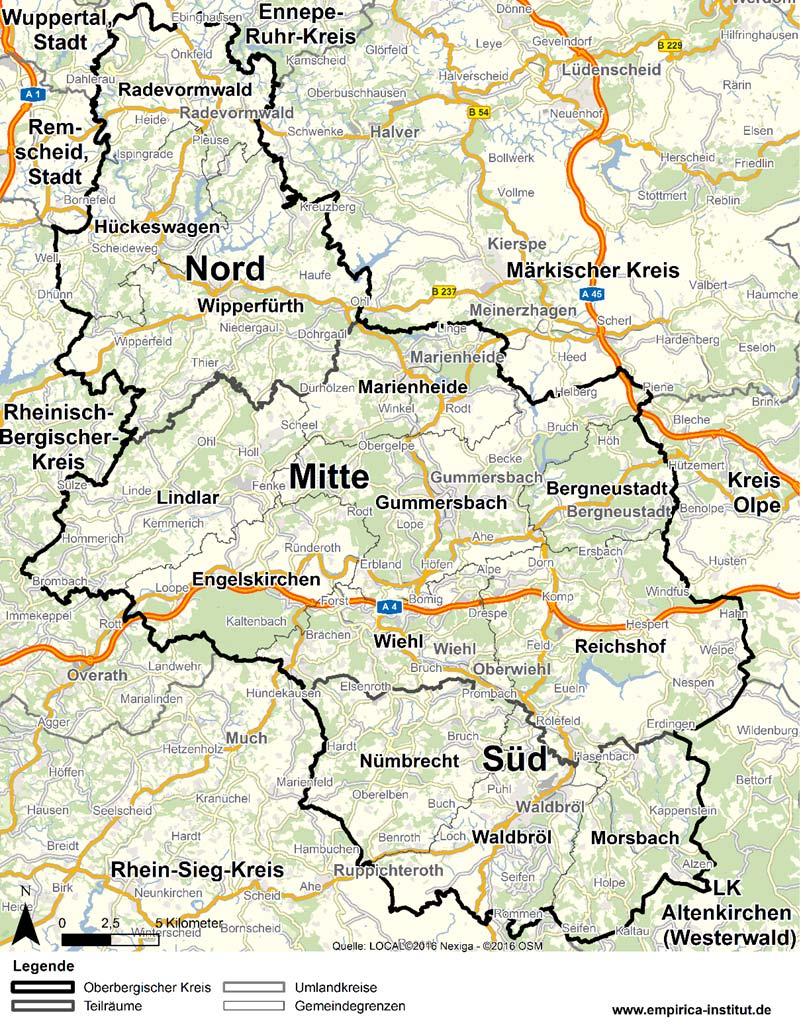 Teilräume im Oberbergischen Kreis Verkehrsachsen in Ost-West-Richtung Einwohner am 31.12.2016 Teilraum Nord 61.600 22% Teilraum Mitte 174.300 61% Teilraum Süd 49.