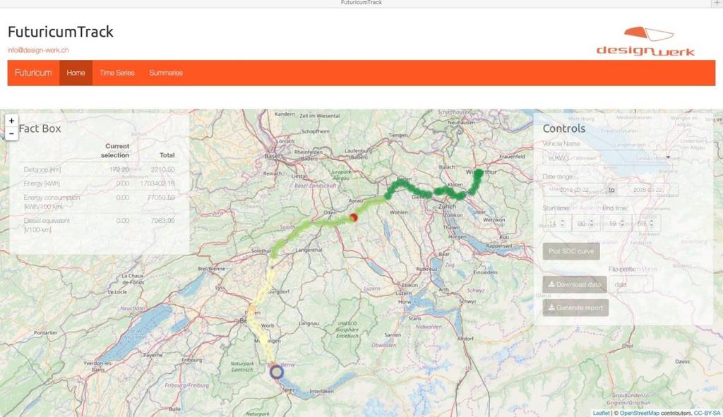 FUTURICUM MONITORING Dank dem Futuricum-Monitoringsystem behalten wir Ihr Fahrzeug zur Datenauswertung im Blick Beispiel E-LKW Überführung von Winterthur nach Thun (Autobahn) SOC 97%
