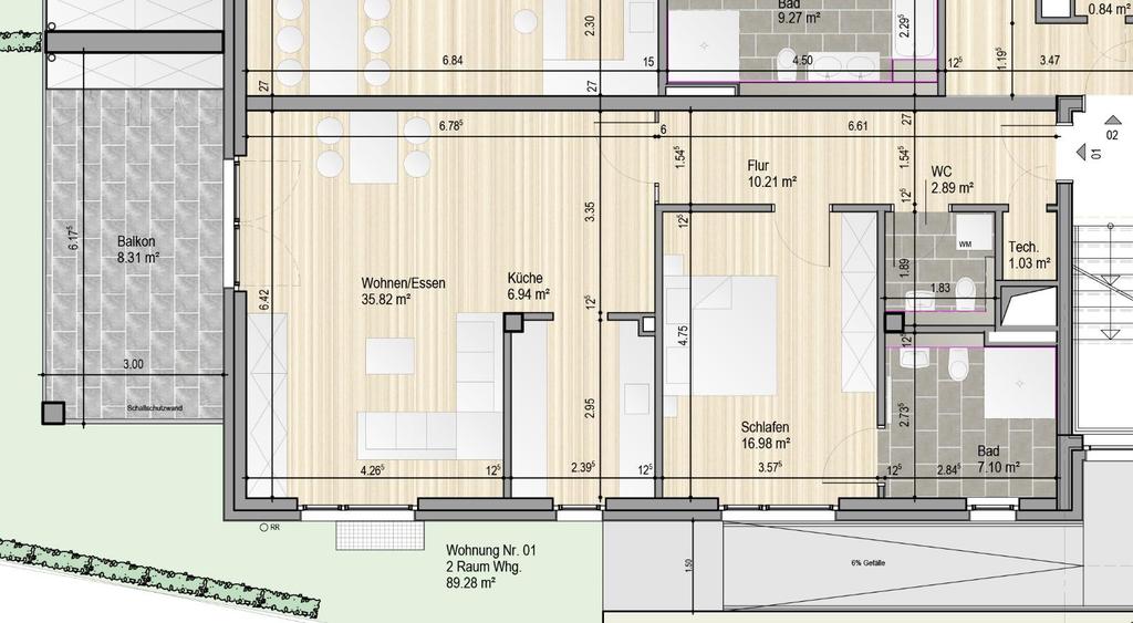 Wohnung Nr. 01 im Erdgeschoss Wohnen/Essen: ca. 35,82 m² Küche: ca. 6,94 m² Schlafen: ca.