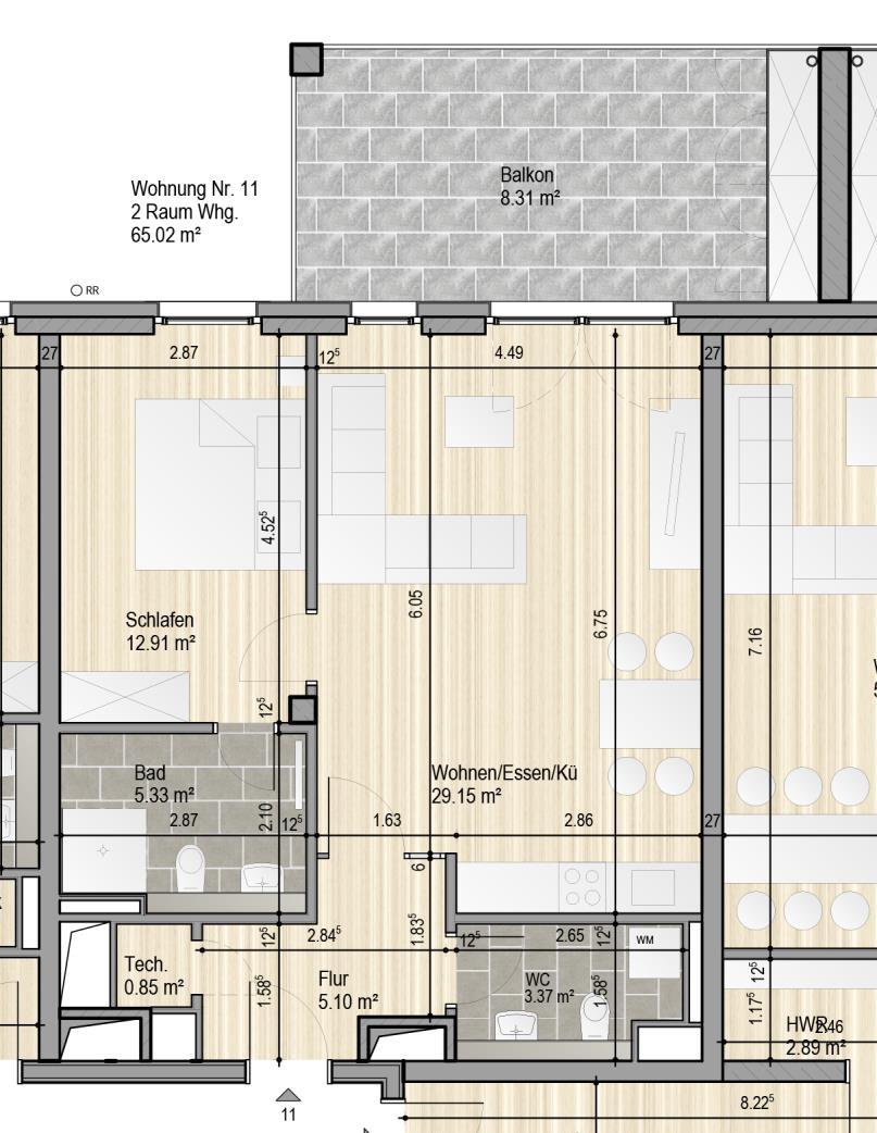 Wohnung Nr. 11 im 2. Obergeschoss Wohnen/Essen/Küche: ca. 29,15 m² Schlafen: ca. 12,91 m² Flur: ca. 5,10 m² WC: ca. 3,37 m² Bad: ca. 5,33 m² Technik: ca. 0,85 m² Balkon*: ca. 8,31 m² Wohnfläche: ca.