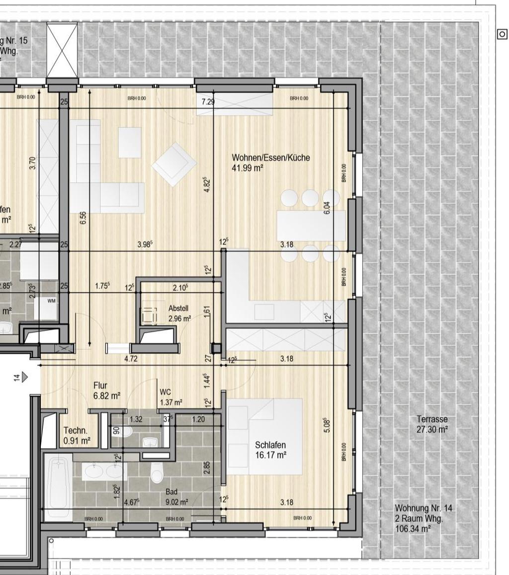 106,34 m² *zur Hälfte Wohnfläche; die Gesamtfläche der Terrasse umfasst entsprechend 54,60 m² Grundmiete: 1.