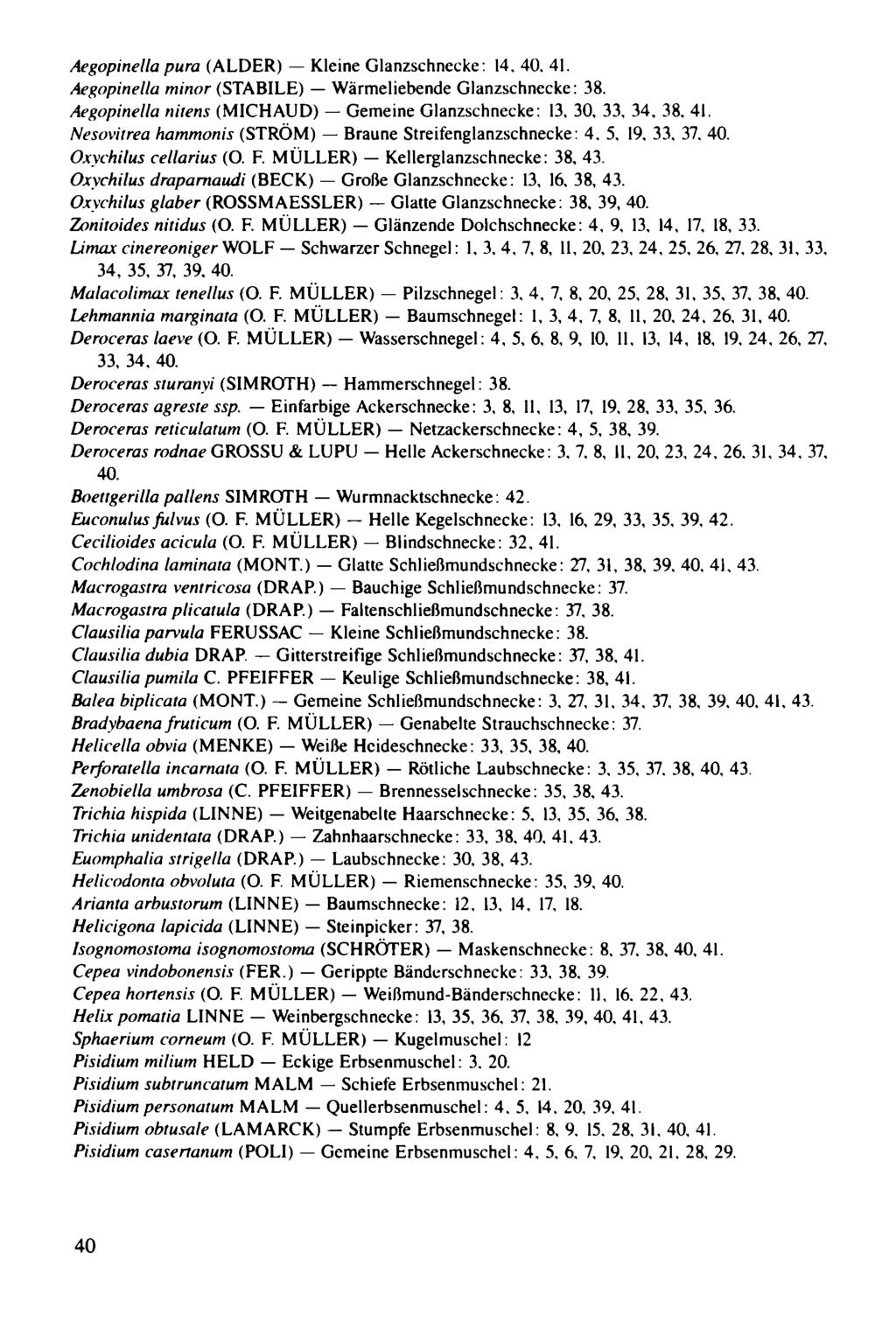 Aegopinella pura (ALDER) - Kleine Glanzschnecke: 14.40.41. Aegopinella minor (STABILE) - Wärmeliebende Glanzschnecke: 38. Aegopinella ni/ens (MICHAUD) - Gemeine Glanzschnecke : 13, 30, 33. 34, 38, 41.