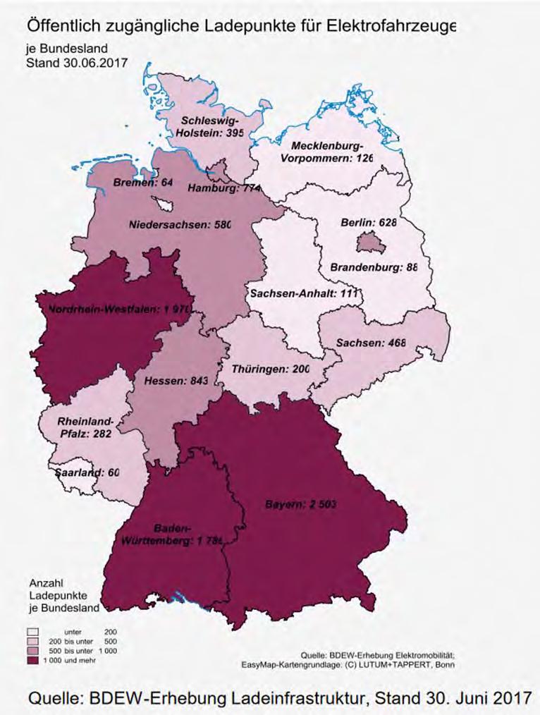 Öffentliche Ladeinfrastruktur Mitte 2017 gab es in Deutschland gemäß BDEW 4.730 öffentliche Ladestationen (mit 10.
