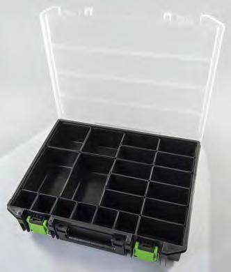 Werkzeugkästen Sortimentskasten mit Metallverschlüssen bestückt mit Boxen aus schwarzem Kunststoff, inklusive Kleinteileboxen 4 Boxen á 49 x 49 x 72 mm 6 Boxen á 49 x 98 x 72 mm 2 Boxen á 98 x 98 x