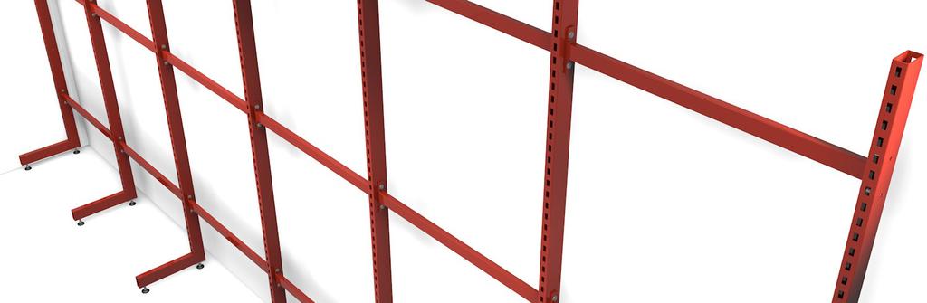 Stahl für den Ladenbau Ständerwerk aus Stahl, mit Verbindungsstreben aus Stahl verschraubt, mit höhenverstellbaren Stellfüßen, Rückwandplatten mit Z-Winkeln einhängbar.