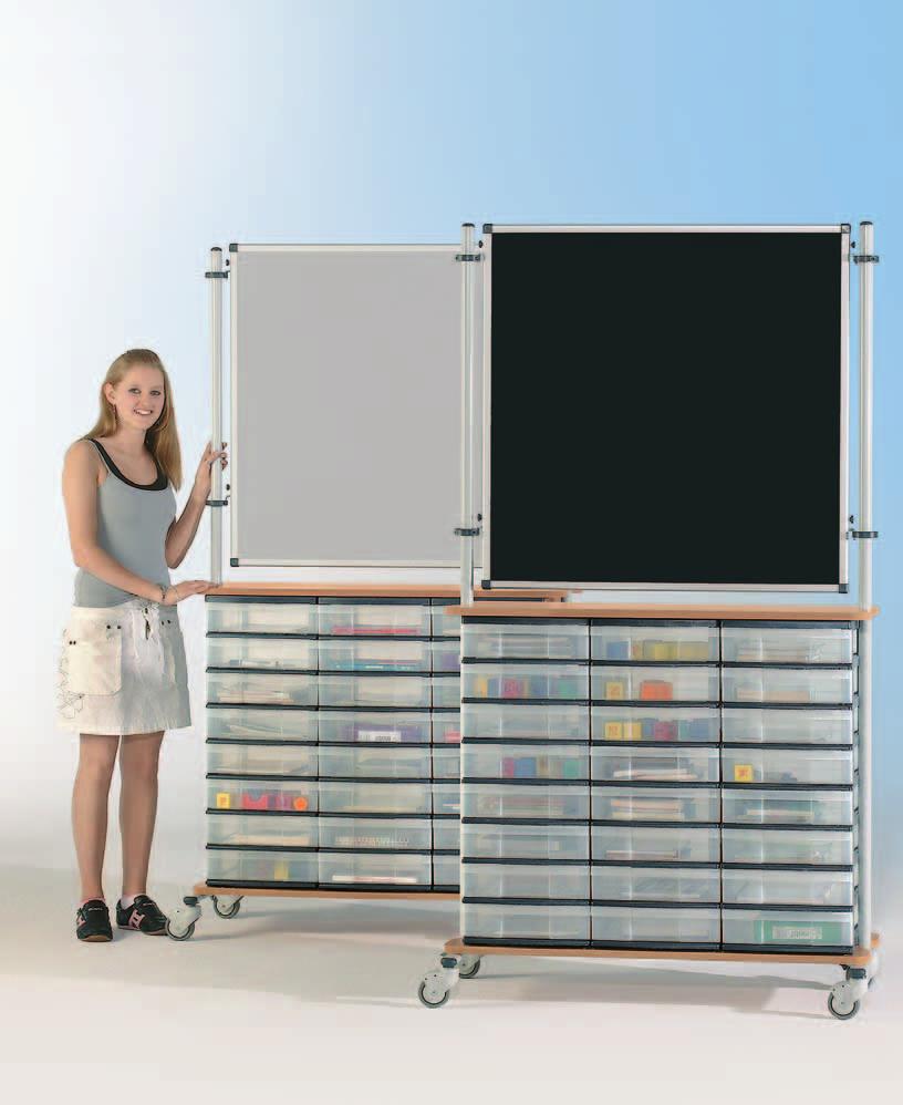 3-reihig farbig & transparent 24 Klassenstärke! Schübe EasyWall 190 BoxBoard 24 Flexibler Raumteiler mit InBox M, mit 4 Rollen (2 davon sind feststellbar).