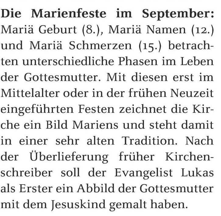 Samstag, 8. September 2018 22. Woche im Jahreskreis Fest Mariä Geburt St.