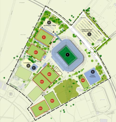 Masterplan 4 - Gestaltungsplan 1 Stadion 2 Parkdeckfläche (Parkdeck KSC) 3 Birkenparkplatz 4 Gästeaufstellfläche (alt Platz 2) 5 Jugendstadion (alt Platz