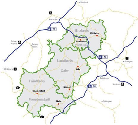 Grafik: Räumliche Lage Region Nordschwarzwald Quelle: Wirtschaftsförderung Nordschwarzwald, abgerufen unter http://www.nordschwarzwald.de /wirtschaftsstandort/standorte.html im Februar 2015.