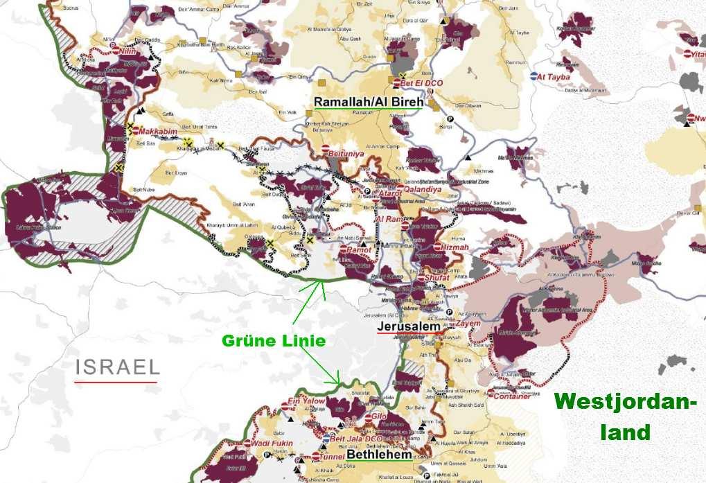 2 (Ausschnitt vom [eigentlich] palästinensischen Westjordanland [Bild: Januar 2006]: Als israelische Siedlungen werden jene von Juden, meist israelischen Staatsbürgern mit Unterstützung der