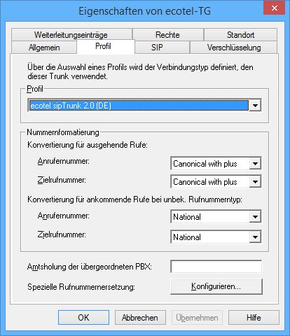 Abbildung 16: Registerkarte "Profil" In dieser Registerkarte kann ein anderes Provider-Profil ausgewählt werden und bei Bedarf die Rufnummernprofile für ein- und ausgehende Gespräche für Anrufer und