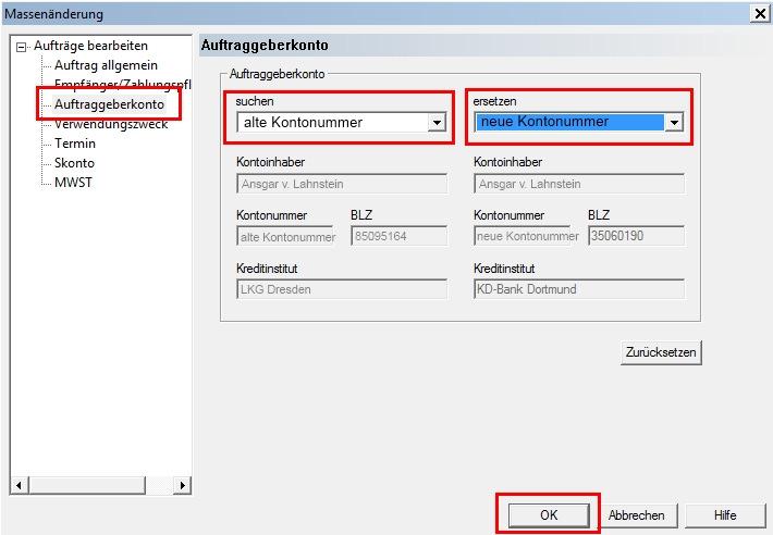2. Sie gelangen nun in die Maske Massenänderung. Wählen Sie hier in der linken Navigation den Punkt Auftraggeberkonto aus.