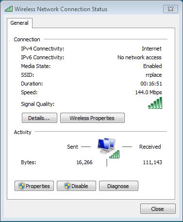 Welchen Service Set Identifier (SSID) hat der WLAN-Router Ihrer Verbindung? Welche Geschwindigkeit hat die WLAN-Verbindung? d. Klicken Sie auf Details, um das Fenster Netzwerkverbindungsdetails anzuzeigen.