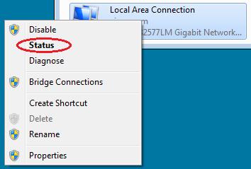 Klicken Sie im Fenster Netzwerkverbindungen mit der rechten Maustaste auf die Option Local Area Connection, um die Dropdown-Liste anzuzeigen.