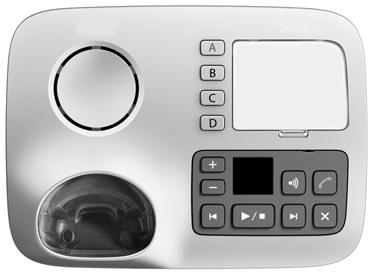 Basis Gigaset W570A Basis Gigaset W570A Über die Tasten an der Basis können Sie den integrierten Anrufbeantworter bedienen, Mobilteile suchen ( Paging S. 43) und Mobilteile an der Basis anmelden S.