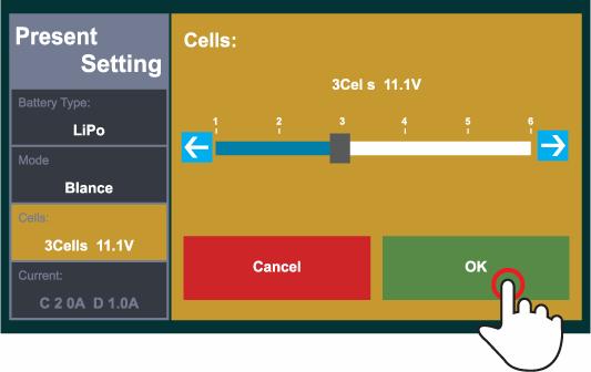 Berühren Sie das Feld Zellen (Cells) (Bild 9). Bild 9 Wählen Sie die Anzahl Zellen, die Ihre Batterie hat, indem Sie direkt die Nummer berühren oder den Balken mit den Pfeilen verschieben.