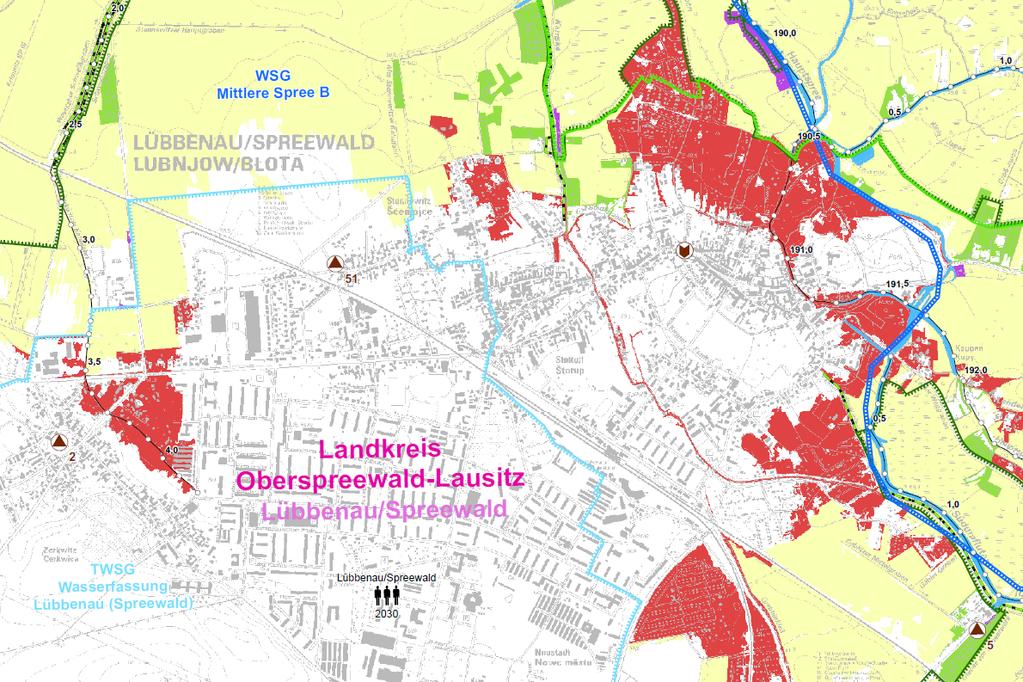 Lübbenau Hochwasserrisikokarte HQ mittel Betroffenheit im westlichen