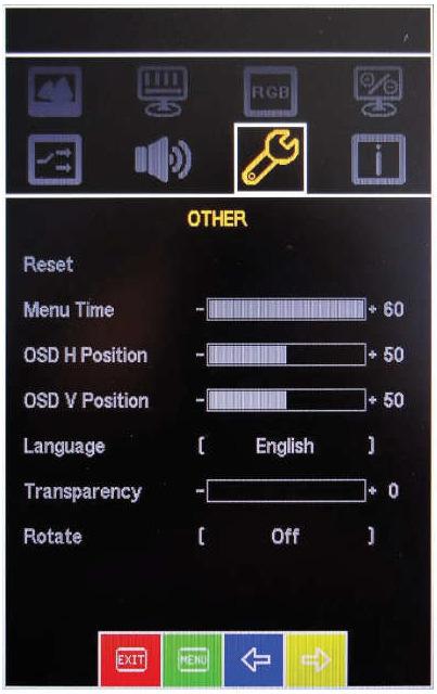 5.6 weitere Einstellungen Reset: Menu Time: Auf Werkseinstellungen zurücksetzen Darstellungszeit OSD Menü OSD H Position: Horizontaleinstellung OSD Menü OSD V