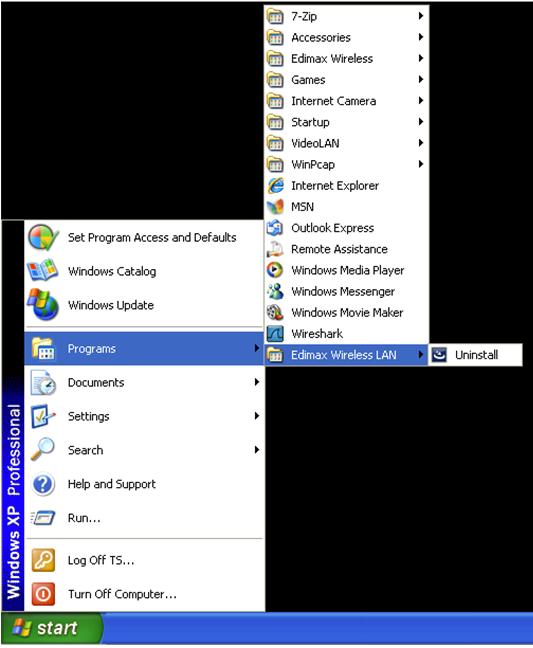 Deinstallieren der Treiber Für Windows 7 & Vista: Um die Treiber für Ihren USB-Adapter zu deinstallieren, gehen Sie zu Start > Programs > Edimax Wireless LAN > Uninstall und befolgen die Anweisungen