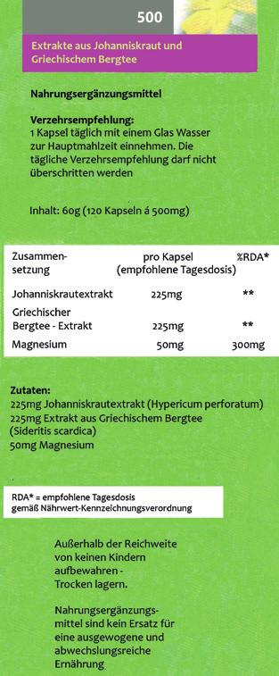 Das Arzneimittel Johanniskraut Die im Arzneimittelgesetz vorgegebenen Informationen sind auf der Verpackung angegeben. Hierzu gehören auch Hinweise zu Dosierung und Anwendung.