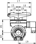 Typ 370 (N65-100) Kugelichtungen aus PTFE Integrierte Gewinebuchsen für ie Befestigung er Armatur Multifunktionshebel rot, mit Rasterstellungen, abschliessbar Option: Stellantriebe pneumatisch un