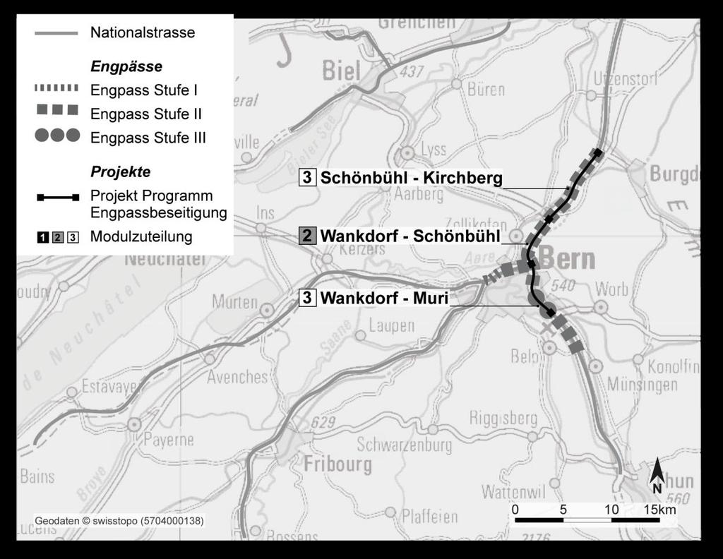 A2-3 Raum Bern Erwartete Belastung der Nationalstrasse Im Raum Bern wird die Nationalstrasse N6 zwischen dem Anschluss Ostring und dem Anschluss Muri sehr stark überlastet sein (Problemstufe III).