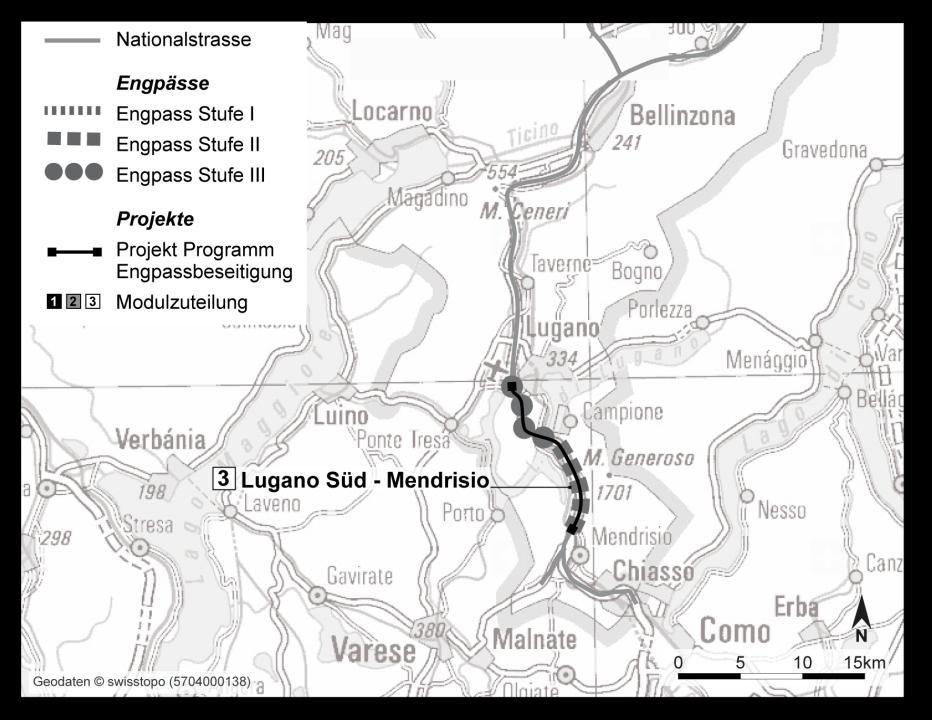 A2-10 Raum Tessin Erwartete Belastung der Nationalstrasse Im Tessin wird zwischen Lugano Süd und Melide / Bissone ein Engpass der Stufe III und zwischen Melide / Bissone und Mendrisio ein Engpass der