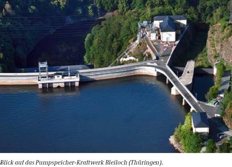 Speichertypen Pumpspeicher Bei Pumpspeicherwerken wird die Energie in Form von potentieller Energie von Wasser, das in ein höher gelegenes Becken gepumpt wird, gespeichert und durch das Abfließen