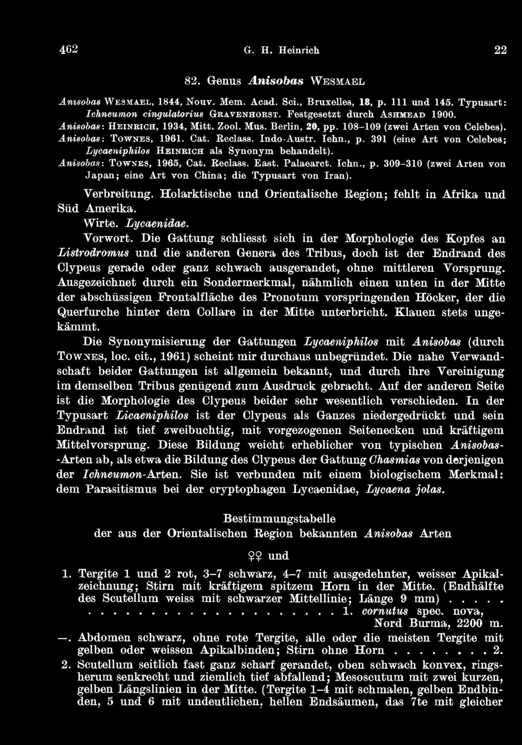 462 G. H. Heinrich 22 82. Genus Anisobas WESMABL J.TOSO&AS WESMAEL, 1844, Nouv. Mem. Acad. Sei., Bruxelles, 18, p. 111 und 145. Typusart: Ichneumon cingulatorius G-KAVENHOKST.