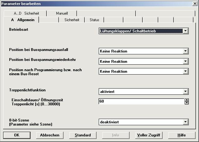 Anwendungsprogramm Jalousie /2 4.3.12Parameterfenster A-Allgemein in der Betriebsart üftungsklappen/ Schaltbetrieb Abb.