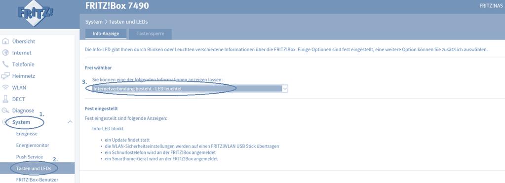 Eine standardmäßige LED auf der Fritzbox, die anzeigt, dass die Fritzbox eingewählt ist, gibt es nicht.