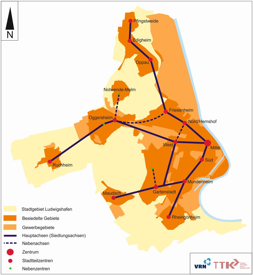 Grundlagen der Angebotskonzeption Abbildung 3: Räumliches Ordnungskonzept der Stadt Ludwigshafen Deutlich ist die Siedlungsentwicklung im Bereich dieser Achsen zu erkennen.