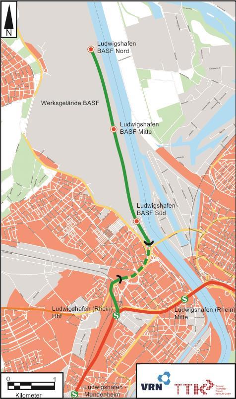 Abbildung 10: S-Bahn-Anbindung BASF Die S-Bahnen fahren zusammen mit den bereits vorhandenen Zugteilen auf allen Strecken bis zum Hauptbahnhof.