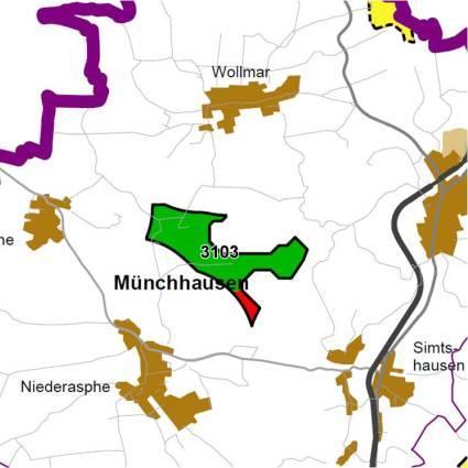 Nummer: 3103 Bestand: Planung: Grösse (ha): 89 Landkreis(e): MarburgBiedenkopf Kommune(n): Münchhausen Gemarkung(en): Münchhausen, Niederasphe, Oberasphe, Simtshausen, Wollmar Waldanteil (%): 1