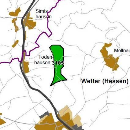 Nummer: 3105 Bestand: Planung: Grösse (ha): 57 Landkreis(e): Landkreis MarburgBiedenkopf Kommune(n): Wetter (Hessen) Gemarkung(en): Mellnau, Todenhausen, Wetter(Hessen) Waldanteil (%): 11