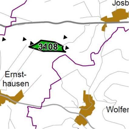 Nummer: 3108 Bestand: Planung: Grösse (ha): 14 Landkreis(e): Landkreis MarburgBiedenkopf Kommune(n): Rauschenberg Gemarkung(en): Ernsthausen, Josbach Waldanteil (%): 1 Laubwaldanteil: 1