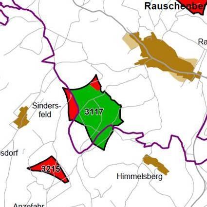 Nummer: 3117 Bestand: Planung: Grösse (ha): 140 Landkreis(e): Landkreis MarburgBiedenkopf Kommune(n): Kirchhain, Rauschenberg Gemarkung(en): Anzefahr, Himmelsberg, Sindersfeld, Rauschenberg