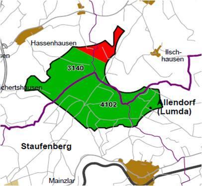 Nummer: 4102 Bestand: Planung: Grösse (ha): 313 Landkreis(e): Landkreis Gießen, Landkreis MarburgBiedenkopf Kommune(n): Allendorf (Lumda), Staufenberg, Ebsdorfergrund Gemarkung(en): Allendorf a. d.