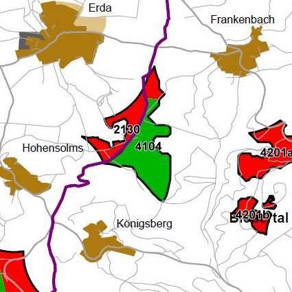 Nummer: 4104 Bestand: Planung: Grösse (ha): 97 Landkreis(e): LahnDillKreis, Landkreis Gießen Kommune(n): Hohenahr, Biebertal Gemarkung(en): Erda, Hohensolms, Frankenbach, Königsberg Waldanteil (%):