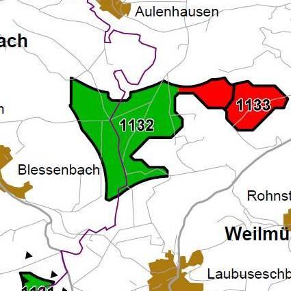 Nummer: 1132 Bestand: Planung: Grösse (ha): 151 Landkreis(e): Landkreis LimburgWeilburg Kommune(n): Weilmünster, Weinbach Gemarkung(en): Aulenhausen, Blessenbach, Weinbach, Laubuseschbach, Rohnstadt,