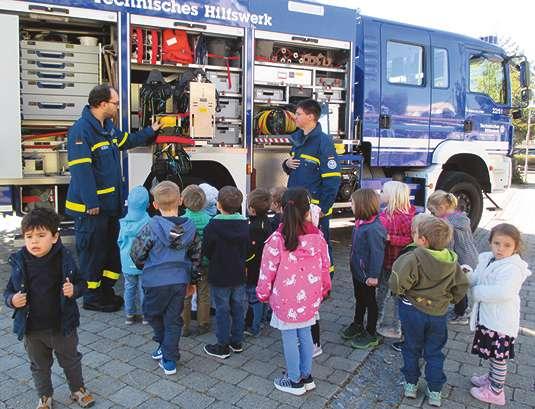 Die Kinder konnten nun ihr Wissen und neue Kenntnisse zum Thema Feuerwehr mit ihren Sinnen verstärken. Ein Feuerwehrmann mit Kleidung und Ausrüstung zum Anfassen.