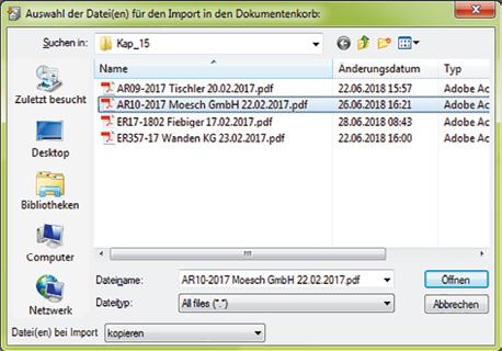 2017, BelegNr. AR10-2017, Bruttogesamtbetrag: 462,78 EUR Ordner: Download\Kap_15 Datei: AR10-2017 Moesch GmbH 22.02.2017.pdf 5 Klicken Sie erneut auf das Symbol Dateien importieren.